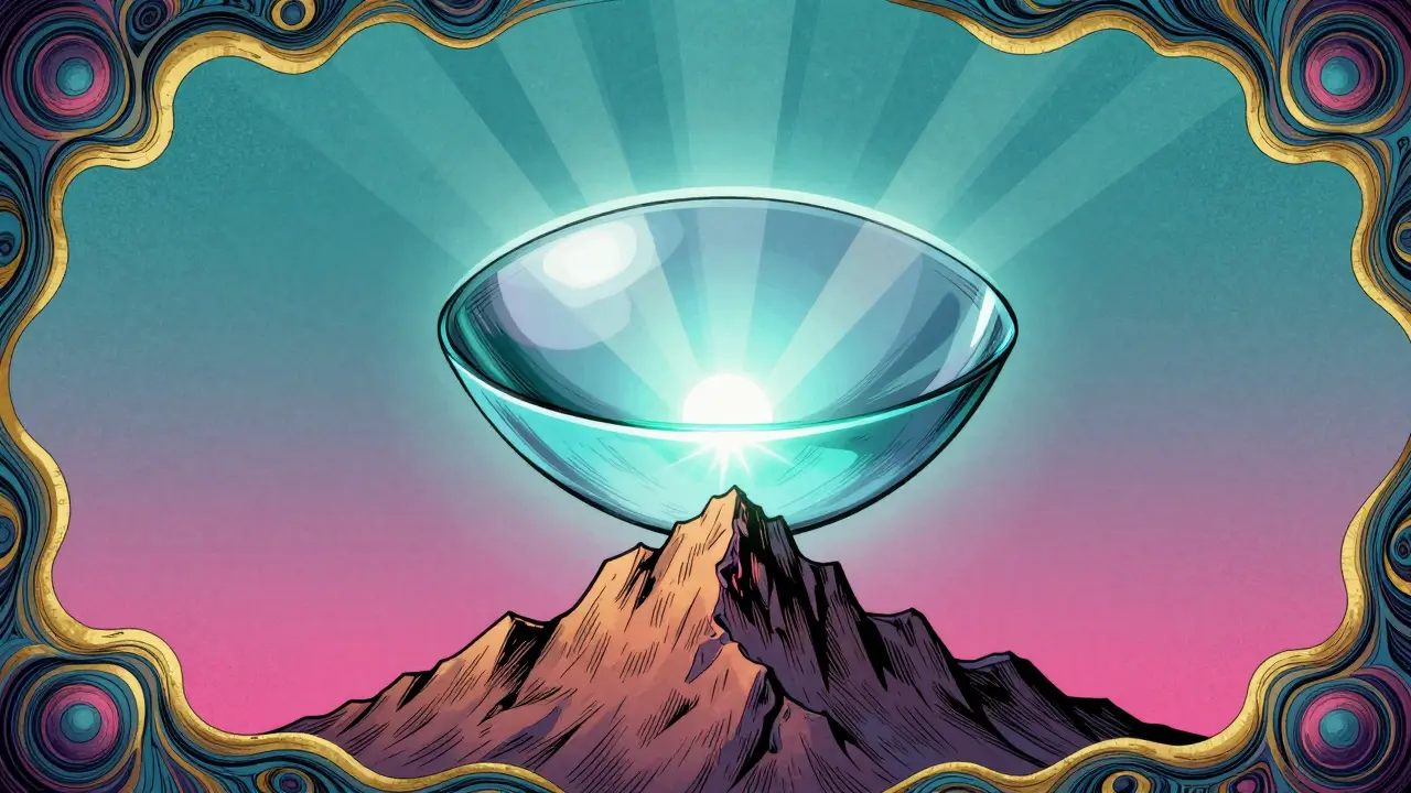 A rigid contact lens hovers over a cone-shaped cornea, bending light into a sharp focus with a glowing saline halo.