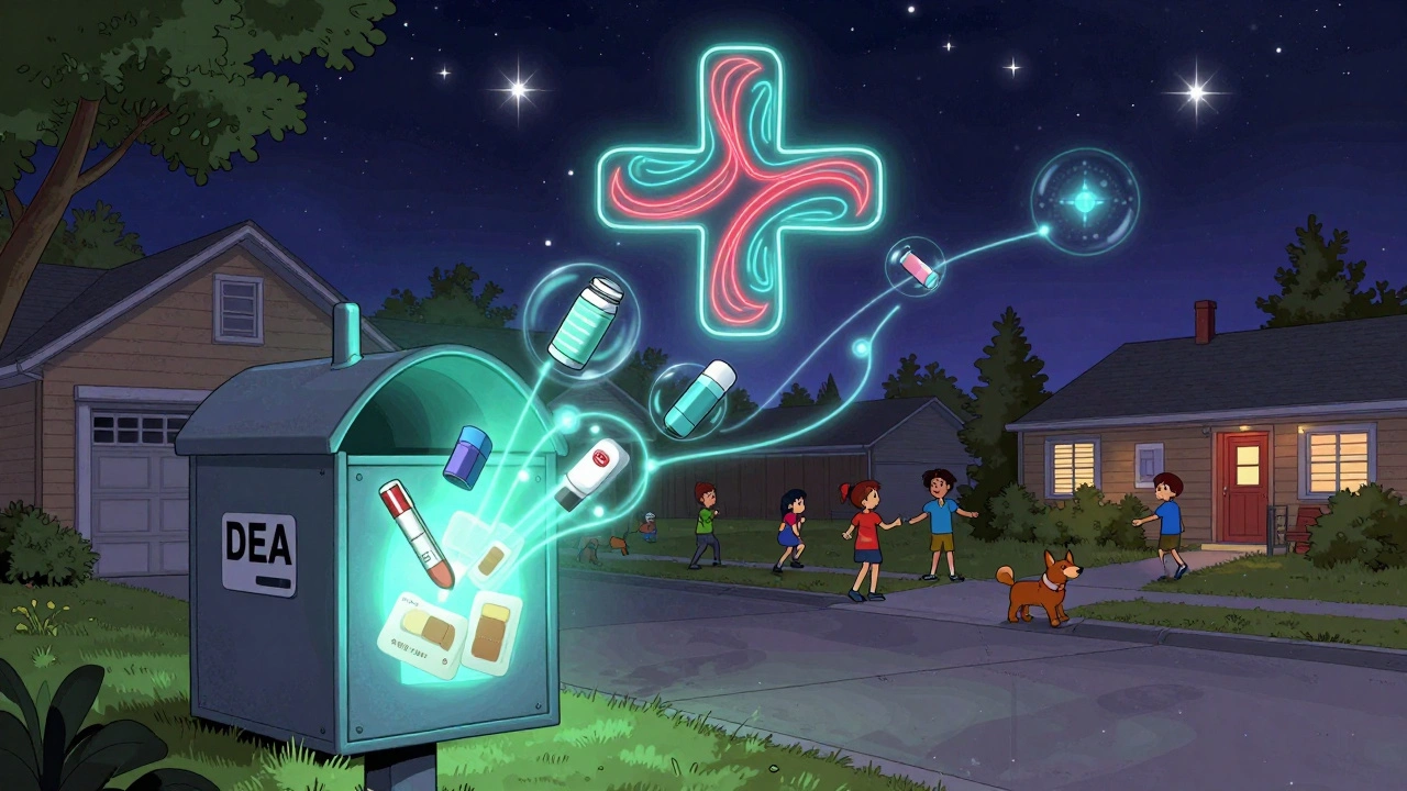 A take-back drop box glowing with energy as medications vanish, children and pets safe nearby.