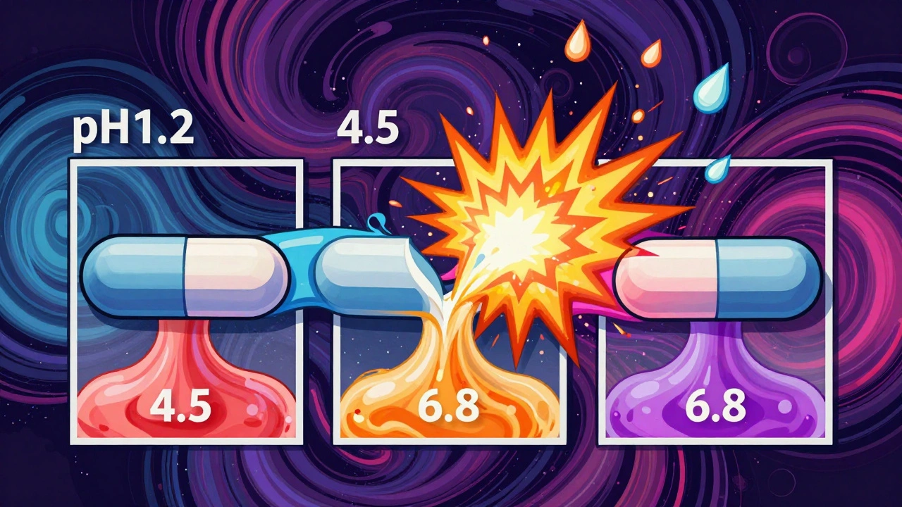 A time-release tablet splitting into three pH streams with an alcohol-induced explosion.