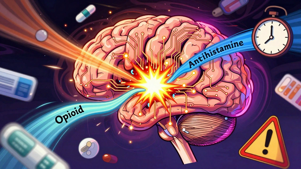 Brain circuit board with opioid and antihistamine signals colliding and fading out.