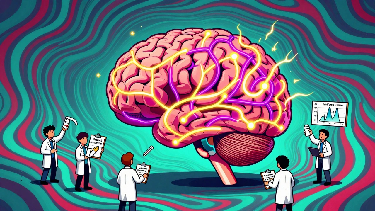 Brain with rewired neural pathways in electric colors, labeled &#039;Central Sensitization&#039;, surrounded by discarded treatments.
