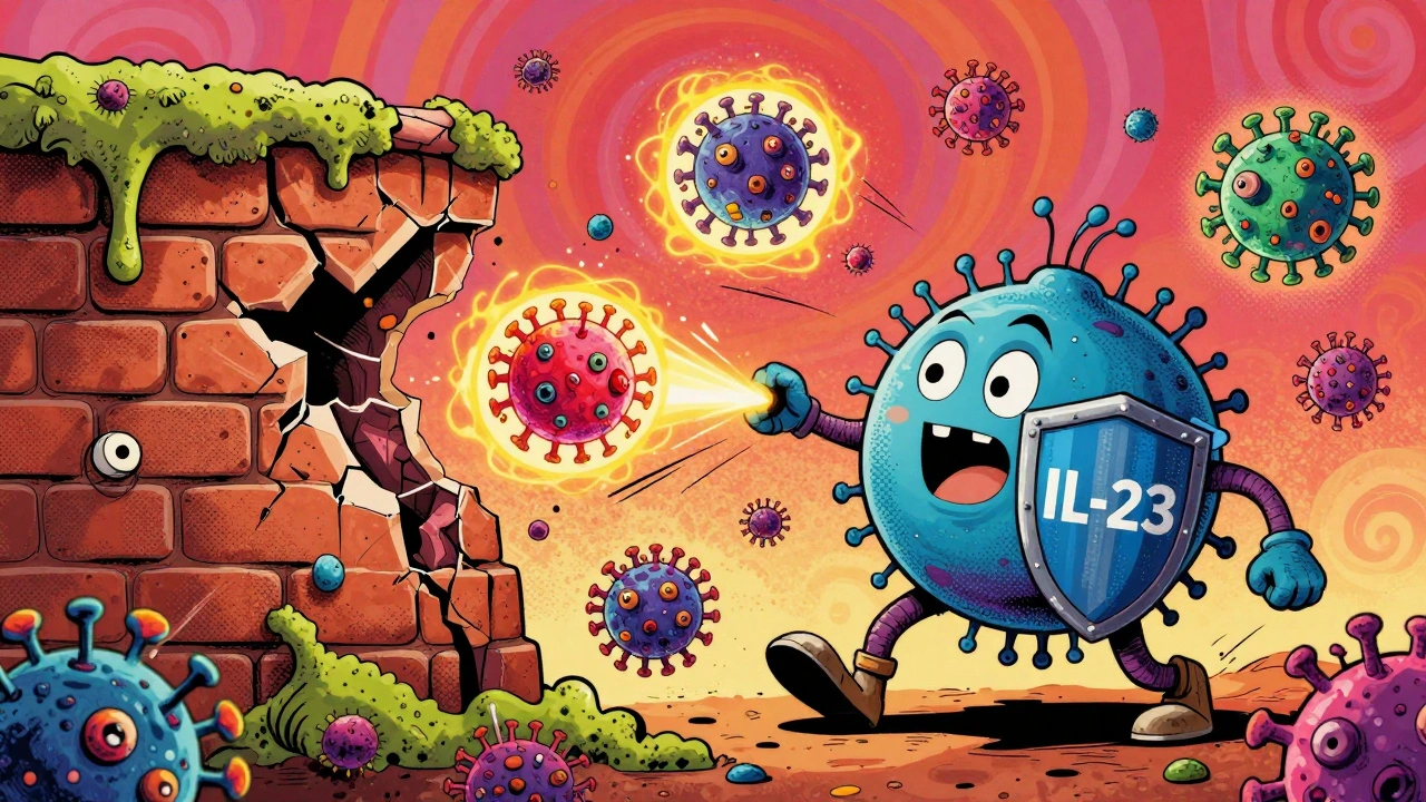 Cartoon immune cell fighting viruses as skin barrier crumbles, rendered in 1960s psychedelic style.