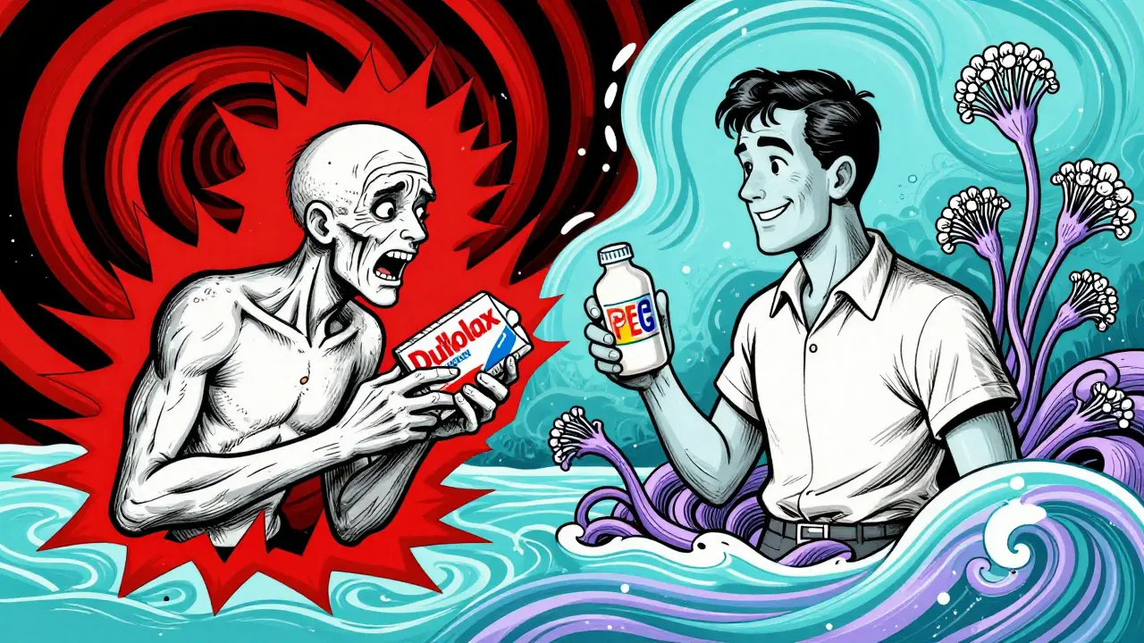 Contrast between painful stimulant laxative use and calm PEG use in psychedelic, swirling art style.