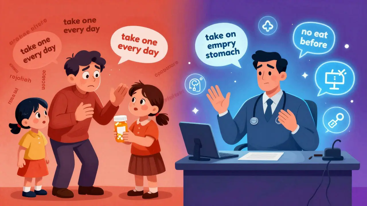 Contrast between untrained family interpreter and certified video interpreter with accurate medical instructions.