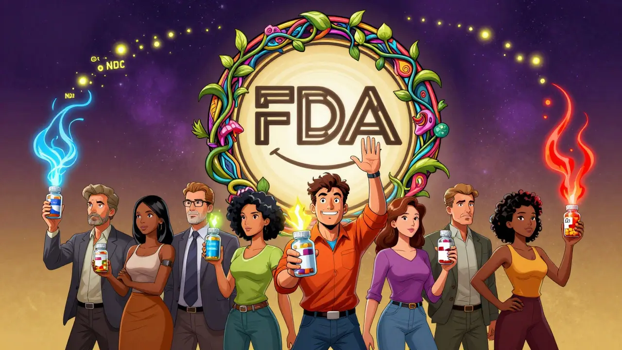 Diverse group with pill bottles emitting colored energy waves toward an FDA emblem made of swirling vines.