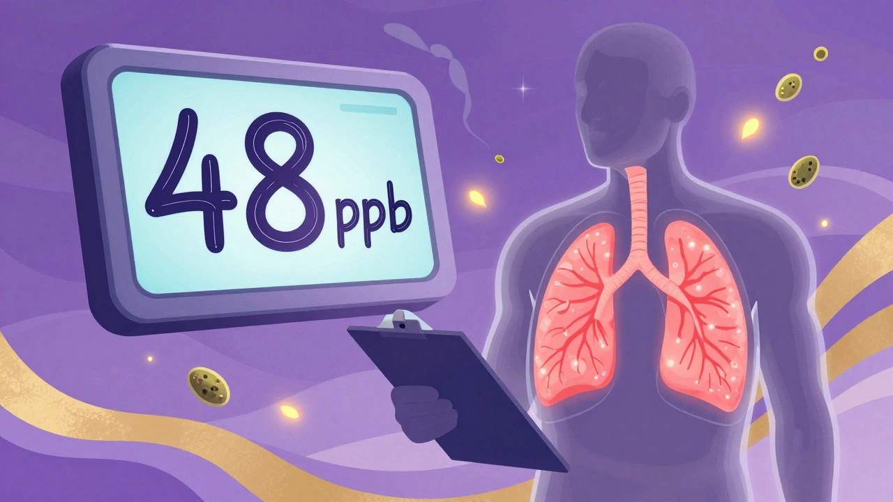 Doctor showing a high FeNO reading of 48 ppb with transparent inflamed airways inside the patient&#039;s body.