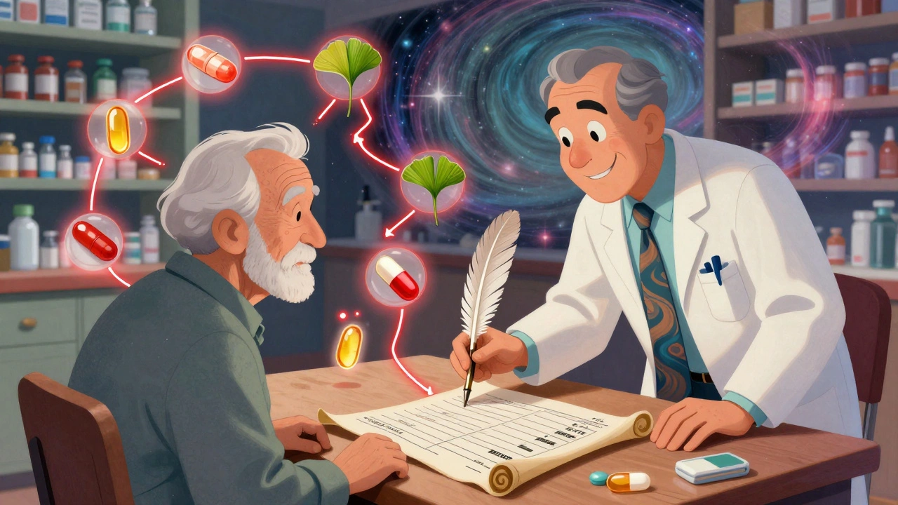 Elderly person with medication list surrounded by floating supplement icons and warning lines