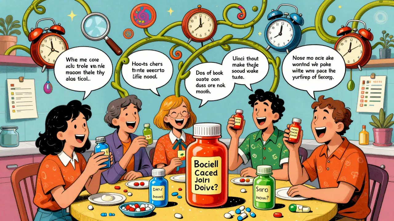 Family laughing while checking color-coded pill bottles with swirling speech bubbles.