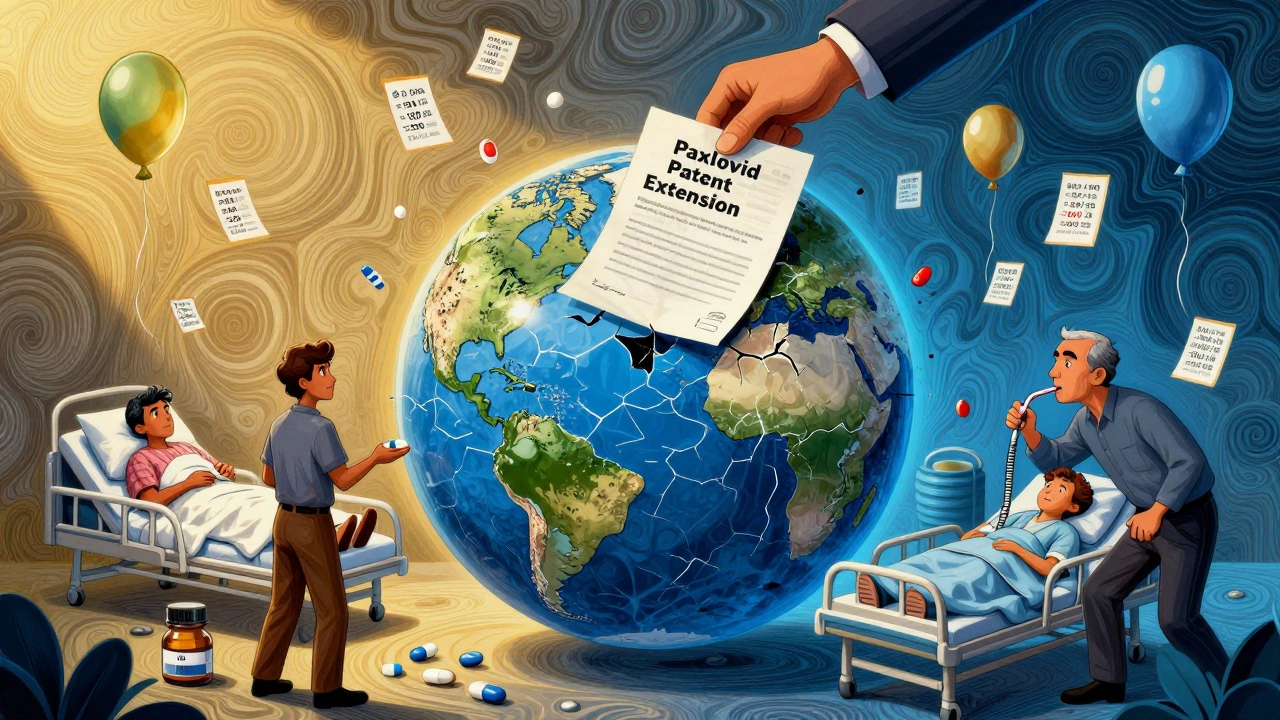 Globe split between affordable medicine access and corporate patent barriers with a straw instead of a hose.