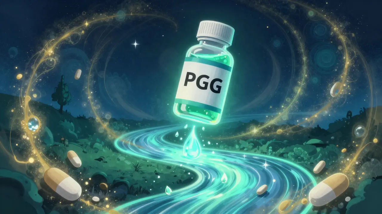 Glowing PEG bottle hydrating a colon like a river, with fading stimulant pills in the background.