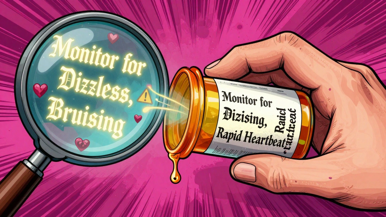 Hand flipping a pill bottle to reveal hidden warning text in psychedelic font