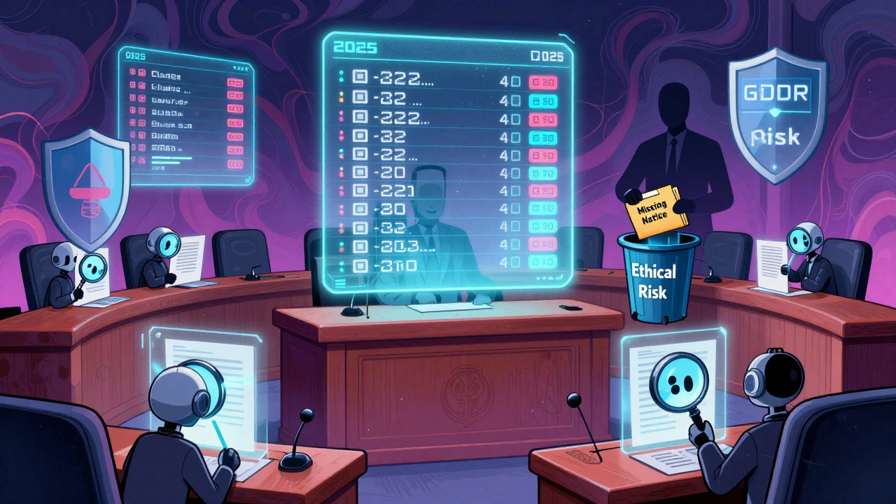 Holographic blockchain courtroom with AI scanning documents and a &#039;Missing Notice&#039; folder being discarded.