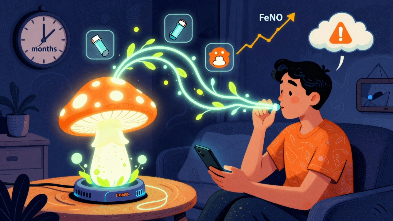 Home FeNO monitor connected to a phone, with rising data streams and asthma trigger icons in psychedelic style.