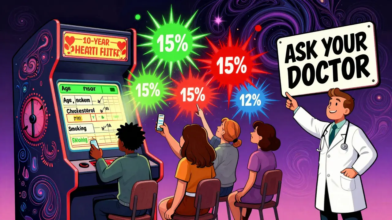 Interactive heart risk calculator arcade machine with colorful risk fireworks and doctor guiding patients.
