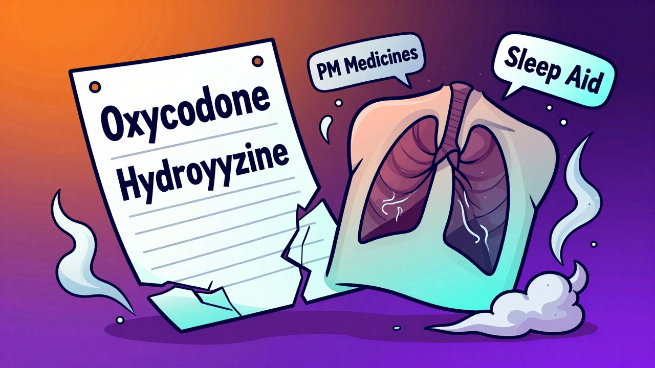 Medical chart with drug names dissolving into smoke beside a collapsed lung illustration.