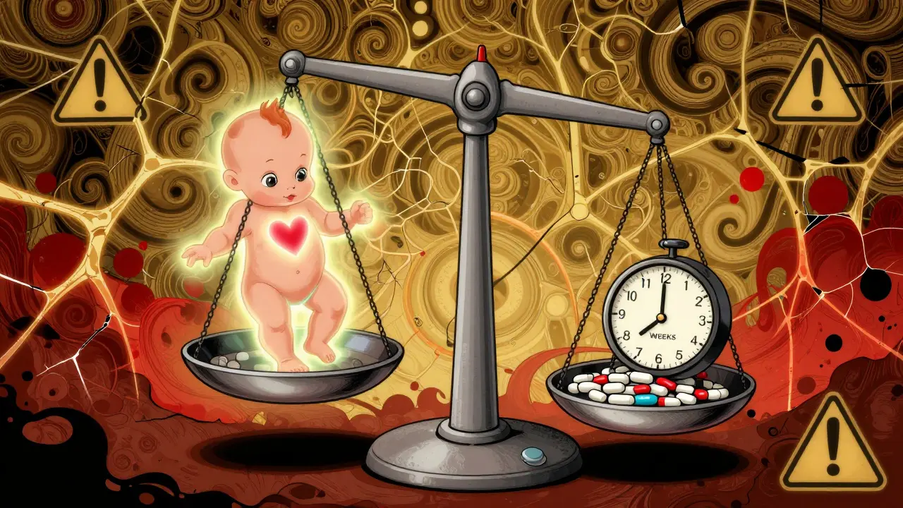 Medical scale tipping between a glowing baby and benzodiazepine pills, with warning symbols and neural patterns in swirling psychedelic design.