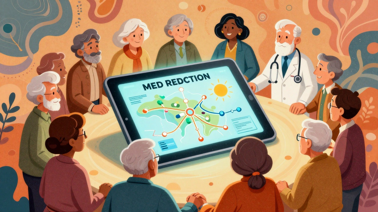 Older adults in a circle holding hands around a glowing tablet showing personalized medication reduction map.
