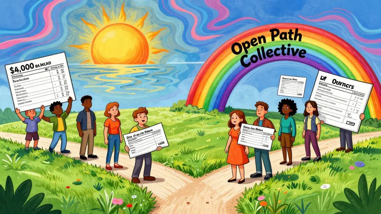 People at a crossroads choosing between expensive therapy and affordable sliding-scale options.