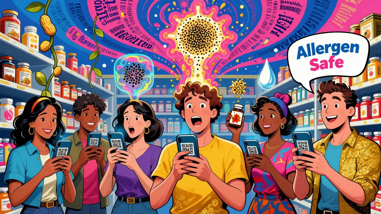 People scanning food and medicine QR codes with floating allergens bursting in colorful psychedelic patterns.