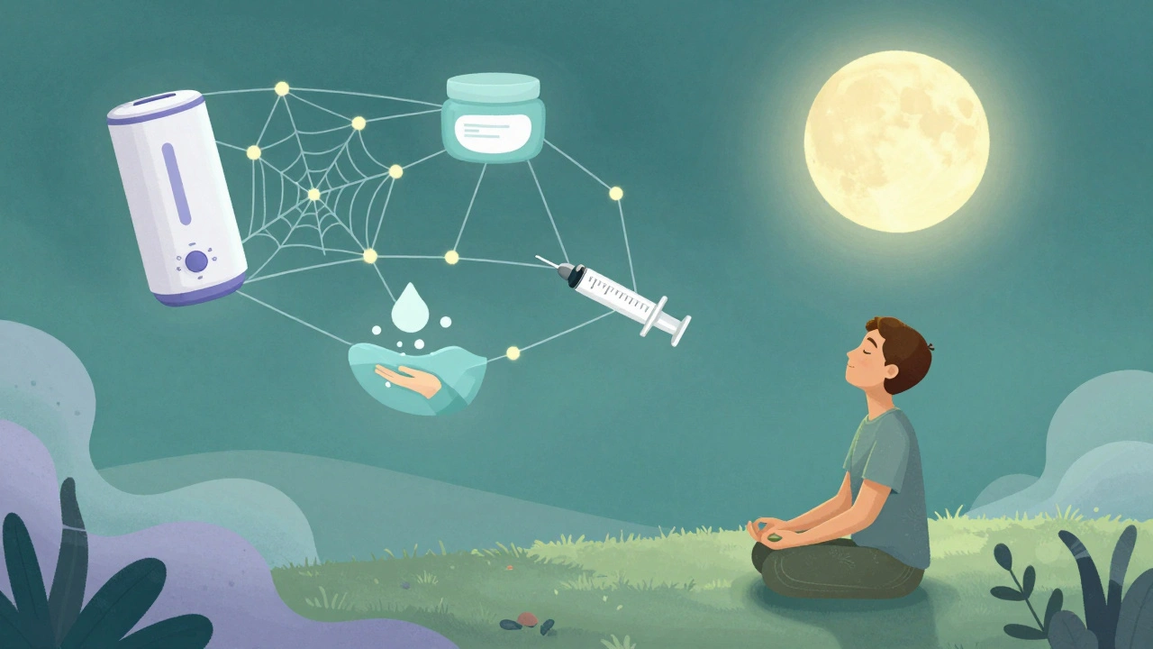 Person meditating under moon with symbols of skin care and prevention floating like stars.