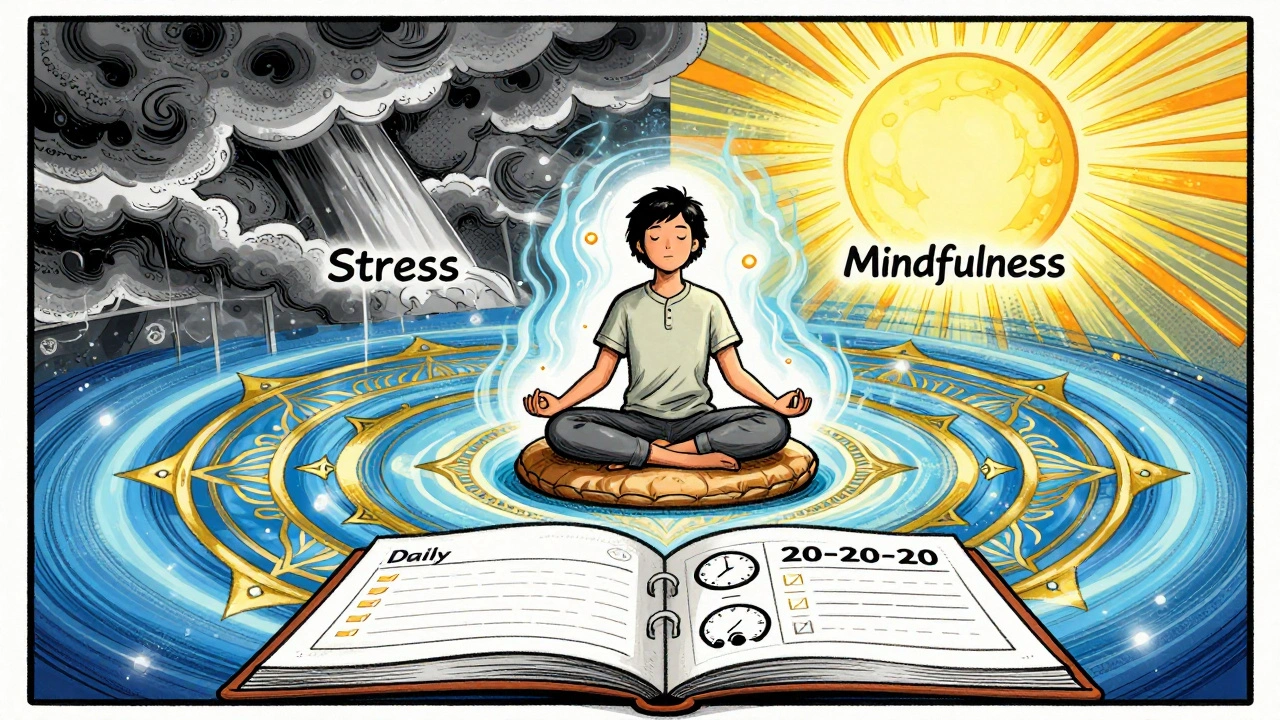 Person meditating with calming energy fields, split sky showing stress vs mindfulness, diary and timer below.