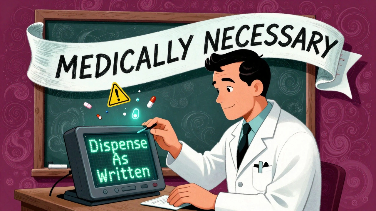 Pharmacist reviewing prescription with &#039;Dispense As Written&#039; warning and medical restriction signs.
