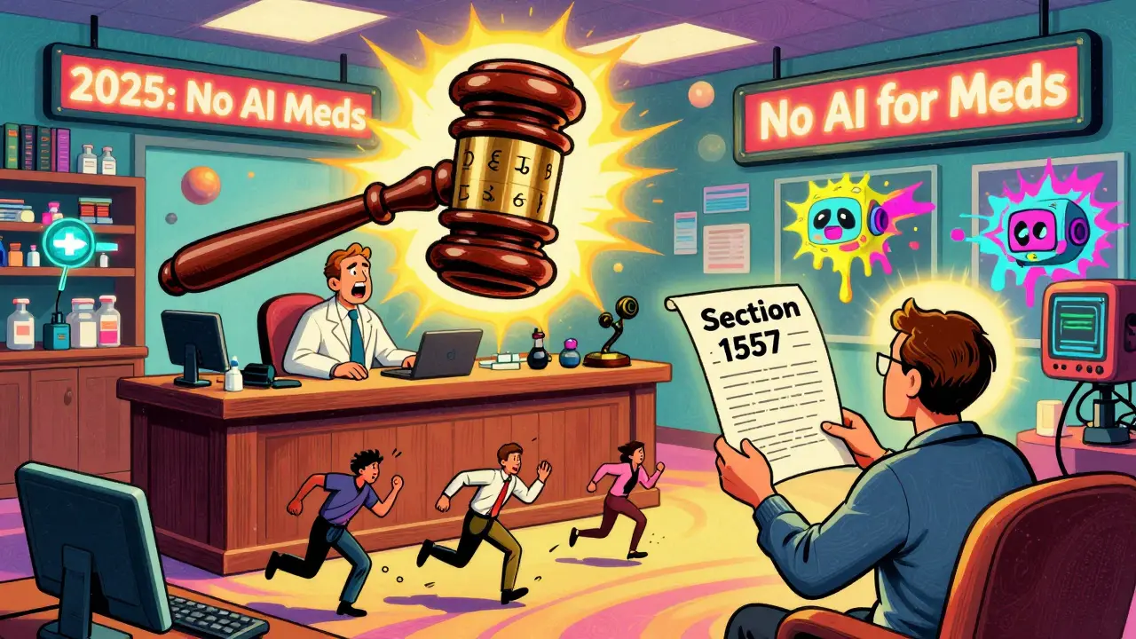 Pharmacy courtroom scene with federal law and AI tools melting, symbolizing 2025 rules against machine translation.