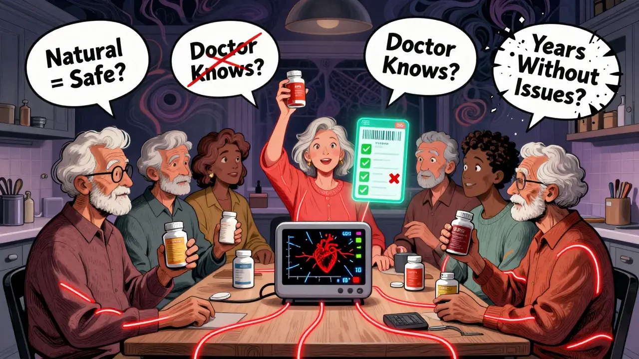 Seniors at a table connected by warning lines to a spiking heart monitor, with floating myths and an FDA app.
