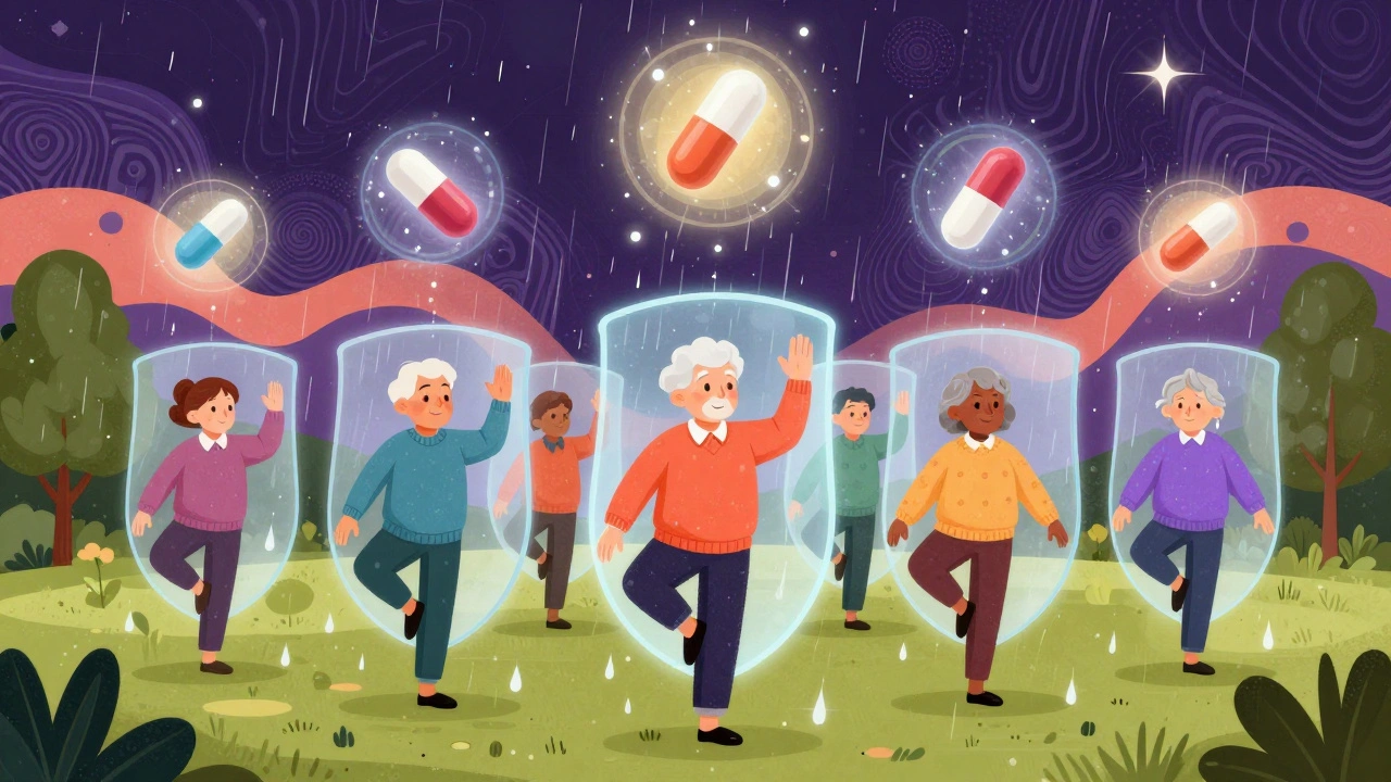 Seniors exercising safely under a protective shield, with anticoagulant pills glowing like stars above.