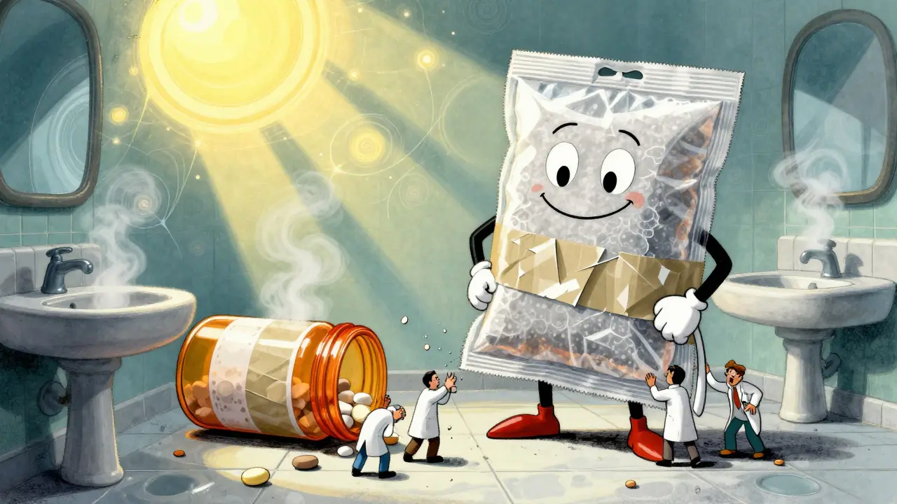 Smiling desiccant packet superhero saving pills from steamy bathroom chaos