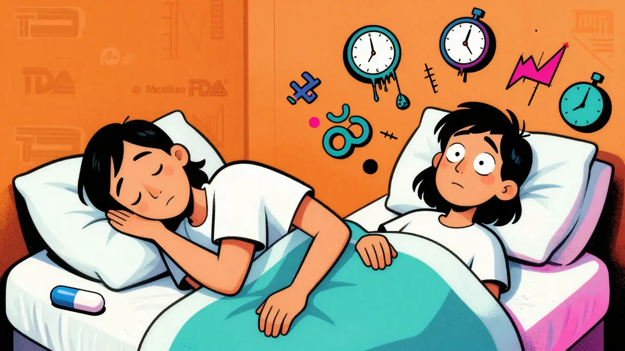 Split image of peaceful vs. disturbed patient with floating thyroid and fatigue symbols in vibrant colors.