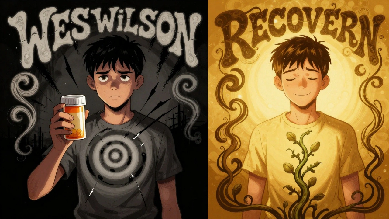 Split image showing a teen’s emotional transition from anxiety to calm, with swirling psychedelic elements symbolizing medication effects.