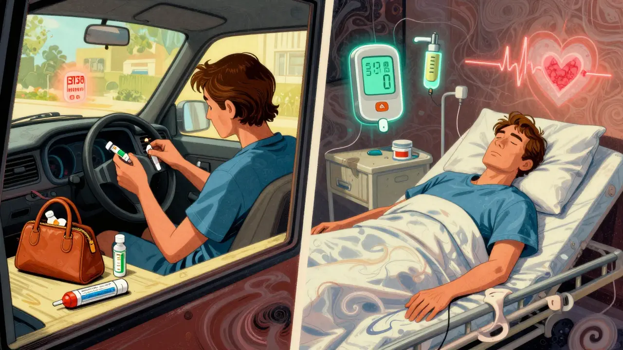 Split-panel cartoon showing medications stored improperly on the left and a person collapsing in hospital on the right.