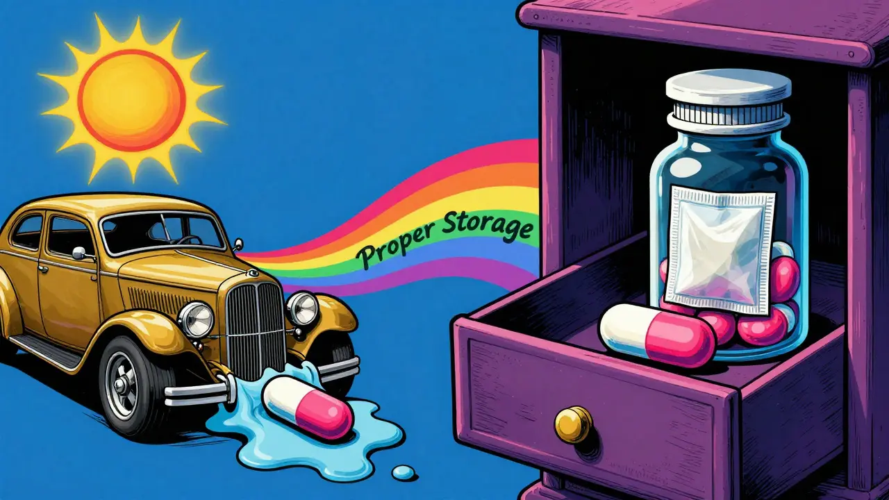 Split scene: melting pill in hot car vs. safe pill in dark drawer with glowing desiccant