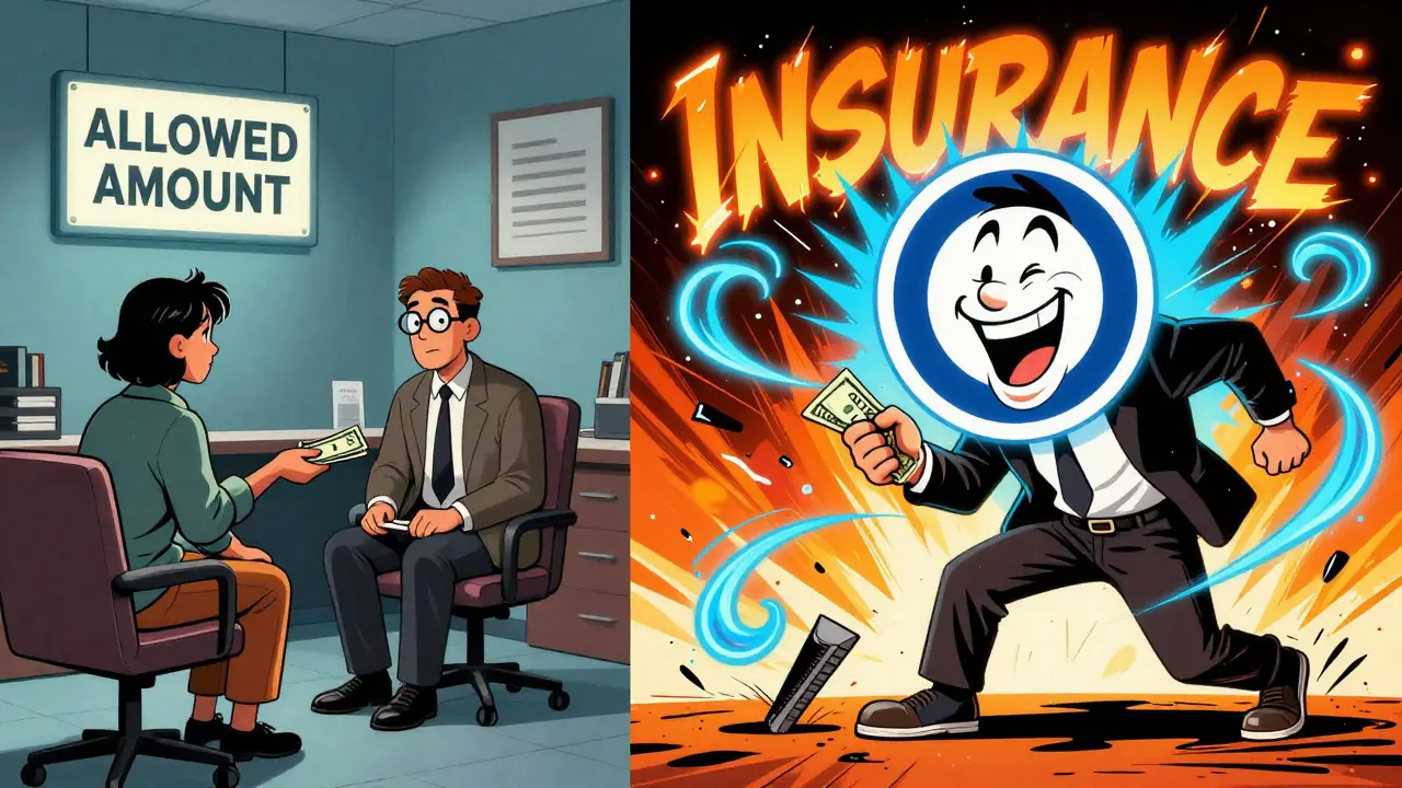 Split scene: one side shows fair therapy payment, the other shows inflated out-of-network costs with chaotic visuals.