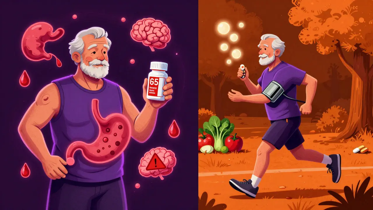 Split scene: person with aspirin and bleeding risks vs. same person living healthily with statins and exercise.