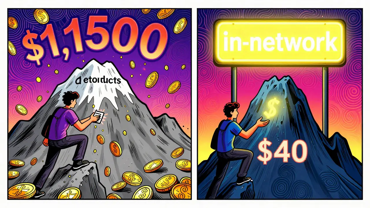 Split scene showing high out-of-pocket payments vs. lower costs after meeting deductible.