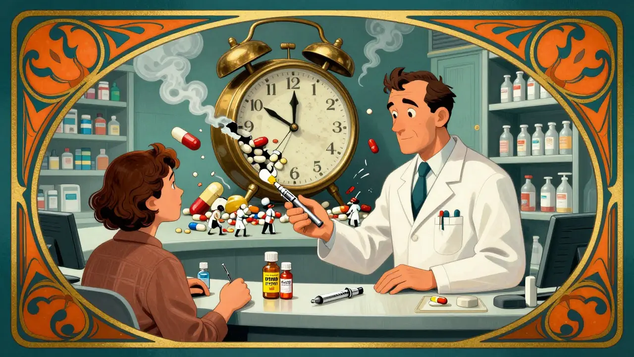Surreal pharmacy scene with fresh meds being handed out as a crumbling clock statue made of expired pills looms behind.