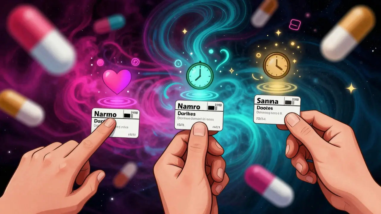 Three hands touching prescription label with colorful ripples and abstract symbols.