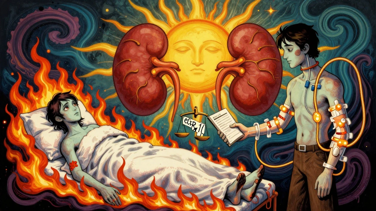 Two contrasting figures—one suffering, one receiving dialysis—with a tipping scale and symptom journal between them in vibrant psychedelic art style.
