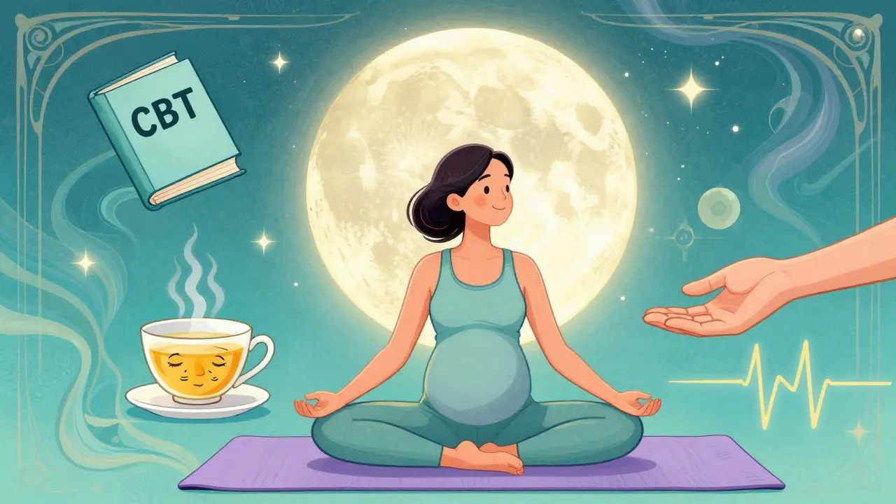 Woman doing prenatal yoga surrounded by peaceful alternatives like CBT book, chamomile tea, and heartbeat-shaped mat in calm psychedelic colors.