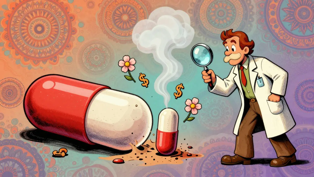 A brand-name pill dissolving into smoke as a plain pill rises, surrounded by dollar signs turning to flowers.