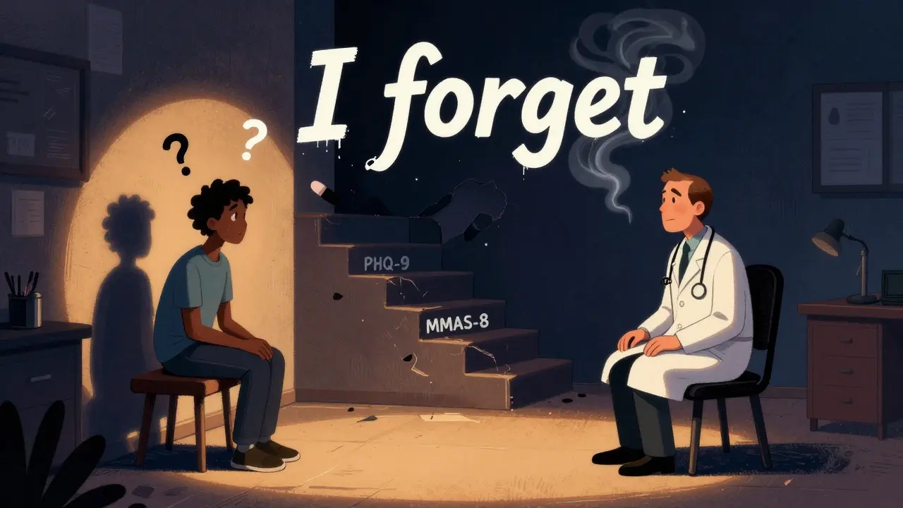 A doctor and patient in a glowing room, with medical score shadows and drifting pill icons between them.