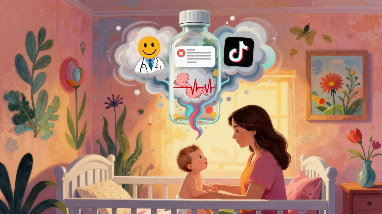 A mother and baby with a floating herbal bottle dissolving into conflicting symbols and smoke.