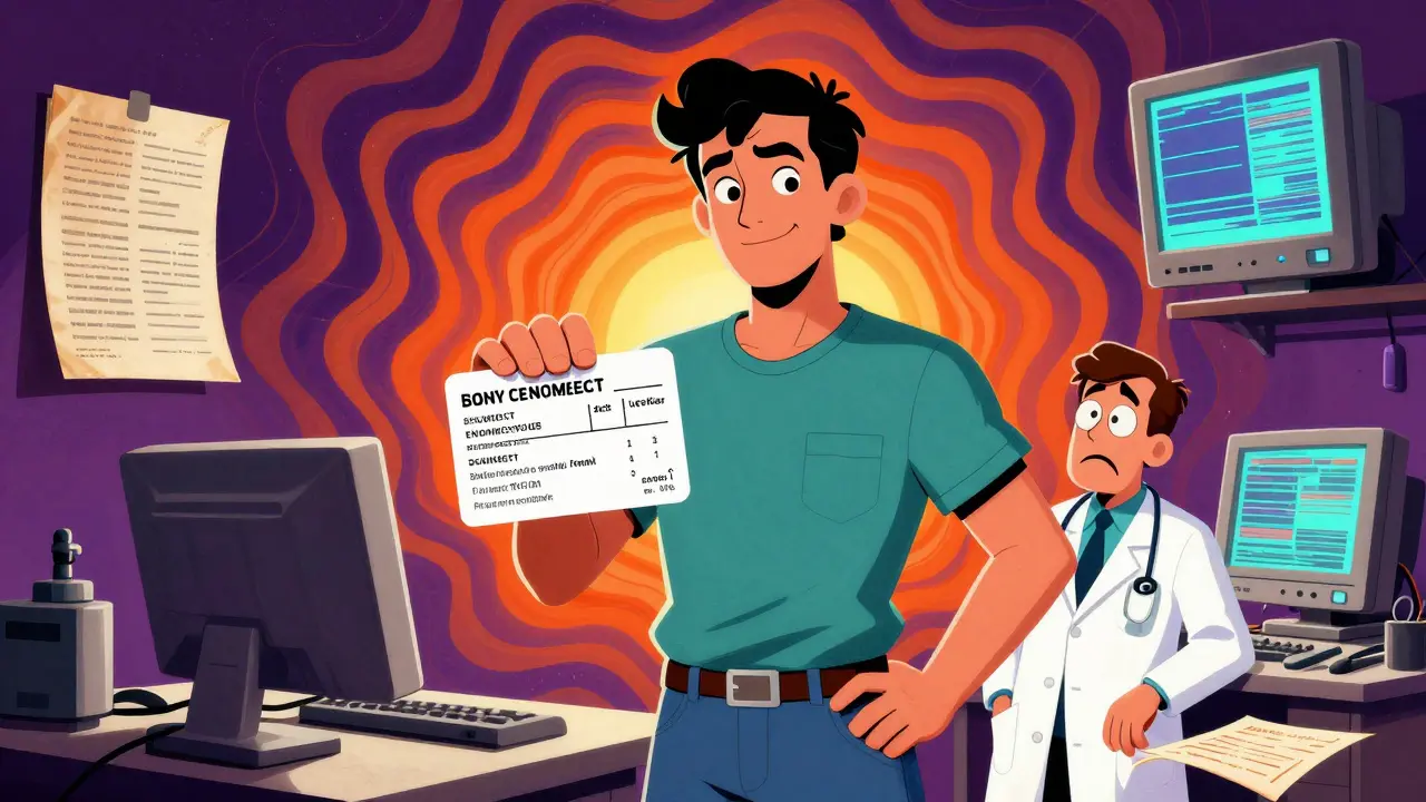 A patient hands a structured allergy card to a confused doctor amid outdated charts and glitching screens.
