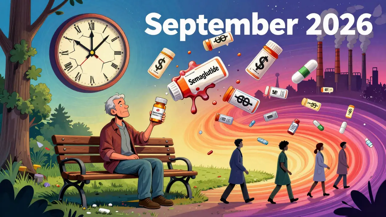 A patient holding an empty pill bottle amid floating prescription labels and factory smoke.