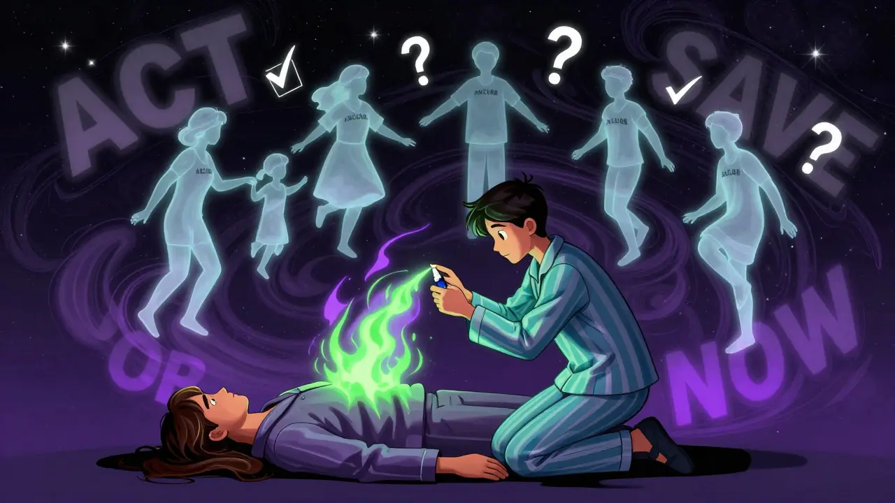 A person spraying naloxone with neon energy pulses while family members practice emergency steps in a swirling cosmic scene.