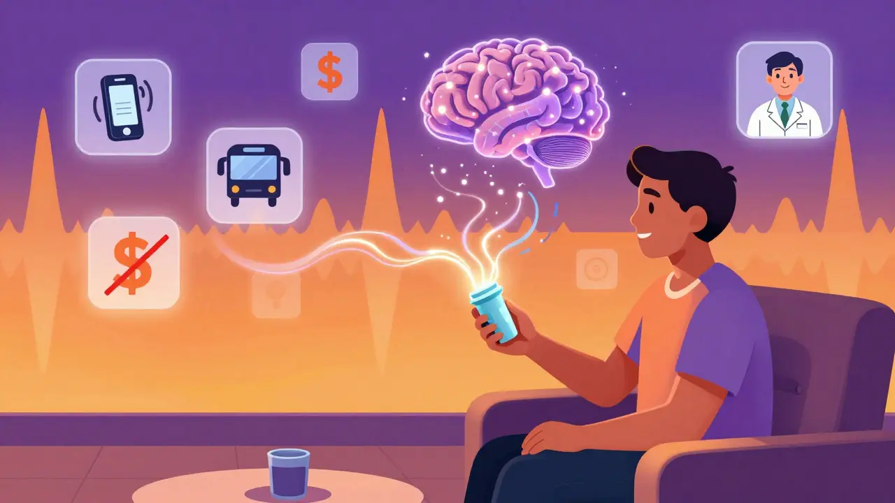 A person with a smart pill dispenser surrounded by floating icons of barriers and support, in vibrant psychedelic style.