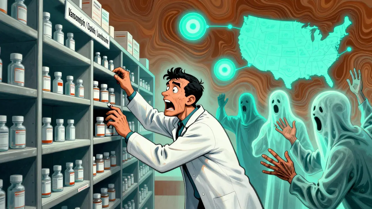 A pharmacist facing an empty shelf of critical medications, with ghostly patients reaching out.