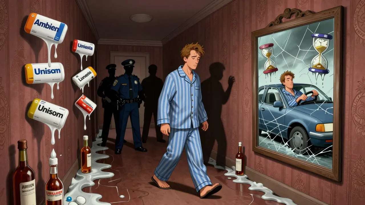 A sleepwalker walking a melting hallway with floating drug labels and shadowy emergency figures.